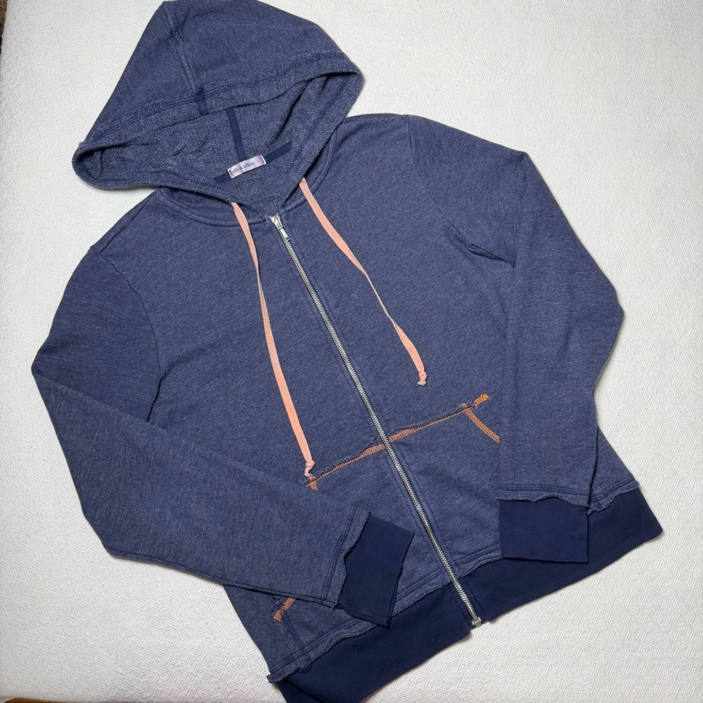 Allen Allen Women Navy Blue Heather Full Zip Hoodie Sweatshirt Orange Stitch M